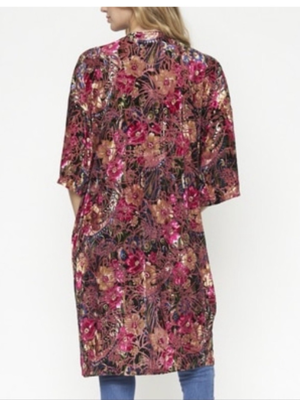 Sans Souci Pink Floral Velvet Feel Kimono Cardigan Size Small Boho Whimsigoth - Picture 6 of 9